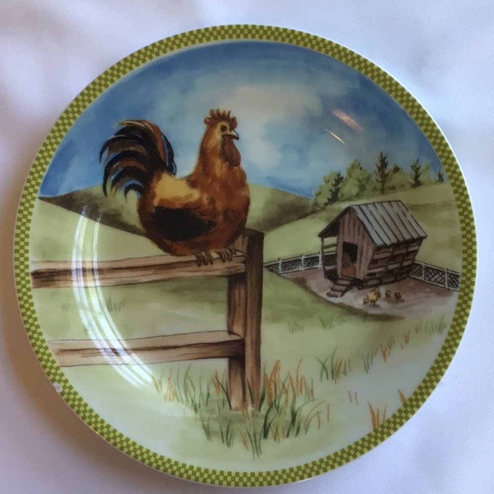 8” Porcelain Rooster Plate Country Scene